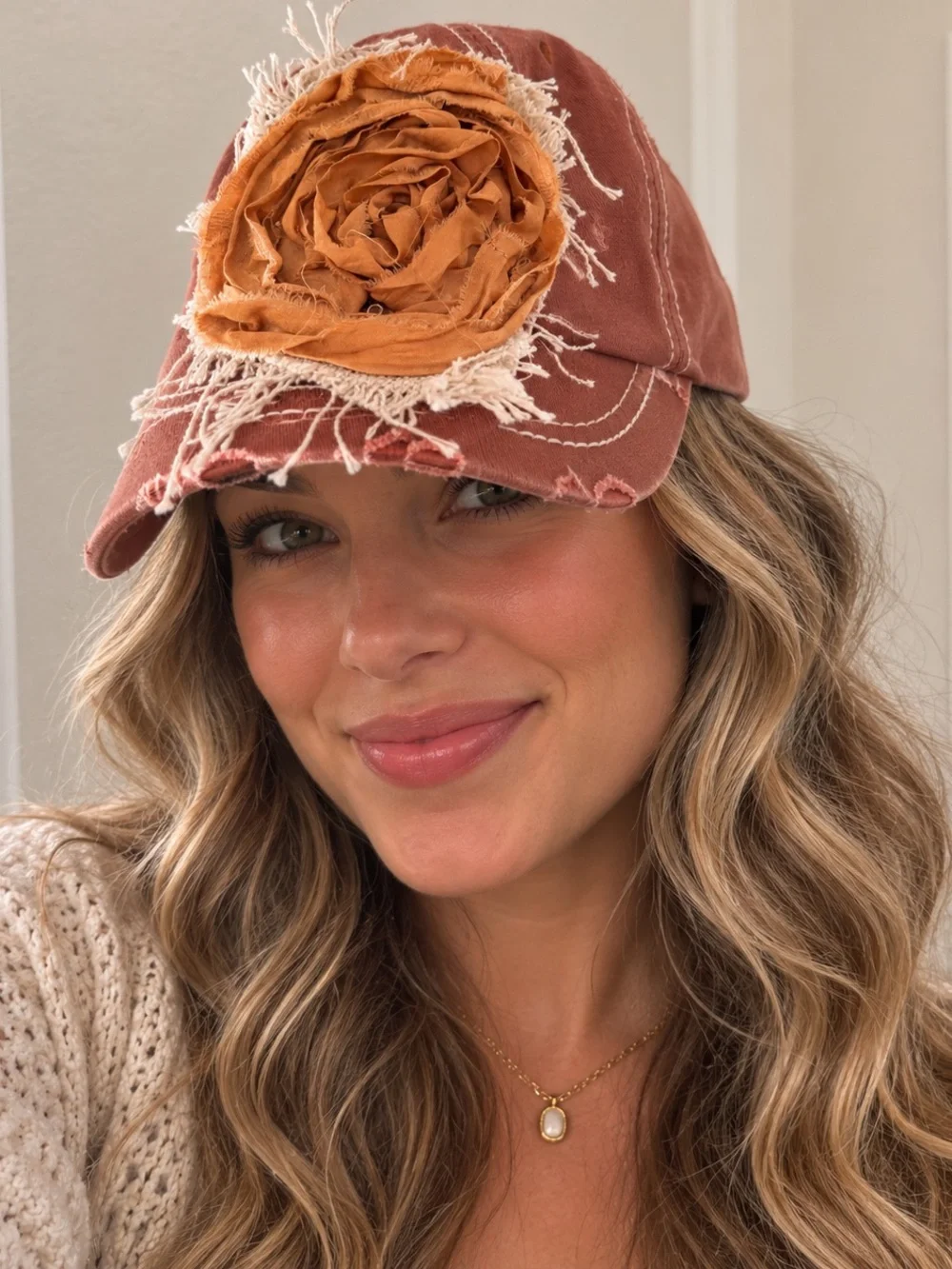 New KBETHOS Distressed Rose Applique Cap - Rust Decorated by Blueberry Kate
